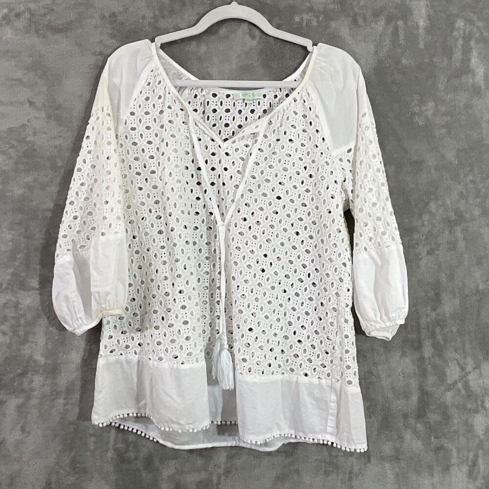 Jade Melody Tam Eyelet Top cover Women's L white 3/4 balloon sleeves tassel